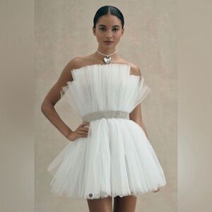 NWOT BRONX and BANCO Anna Strapless Pleated Tulle Mini Bridal shower dress white
